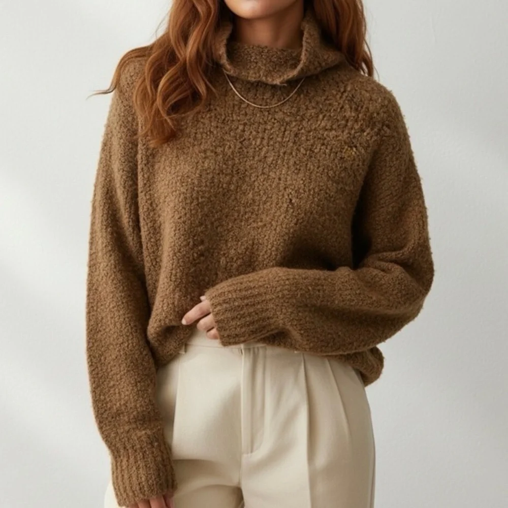 J. CREW Turtleneck Sweater In Boucle Yarn Alpaca Blend in Honey Brown CE691